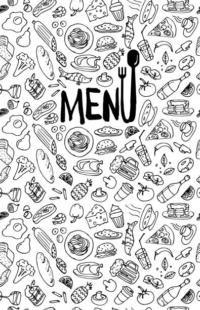 Cafe restaurant menu cover design template. Title page with hand drawn food doodle outline colored sketch pattern on white background. Vector cooking element illustration Cafe restaurant menu cover design template. Title page with hand drawn food doodle outline colored sketch pattern on white background. Vector poster with cooking element illustration chef designs stock illustrations