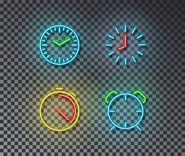 Neon time signs vector isolated on brick wall. Timer, clock, stopwatch, alarm light symbol, decorati Neon time signs vector isolated on brick wall. Timer, clock, stopwatch, alarm light symbol, decoration effect. Neon clock illustration. moment of silence stock illustrations