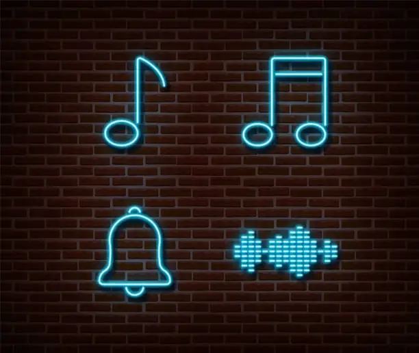 Vector illustration of Neon music signs vector isolated on brick wall. Musik key, note, ring, equalizer light symbol, decor