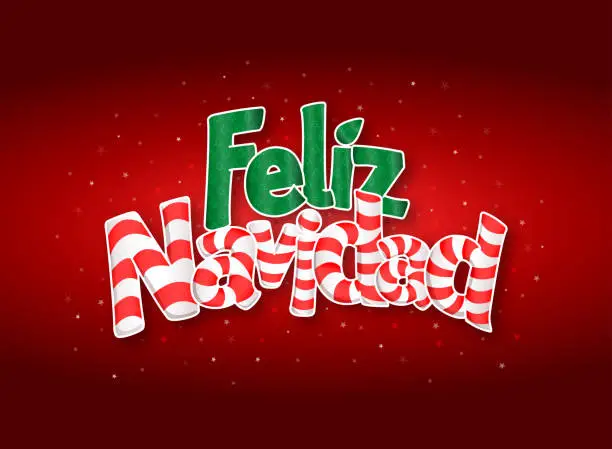 Vector illustration of FELIZ NAVIDAD -Merry Christmas in Spanish language- letters like candy bar, red cover of greeting card with stars in background.
