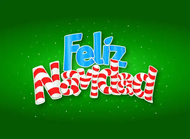 Vector illustration of FELIZ NAVIDAD -Merry Christmas in Spanish language- letters like candy bar, green cover of greeting card with stars in background.