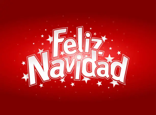 Vector illustration of FELIZ NAVIDAD -Merry Christmas in Spanish language- Red cover of greeting card with stars in background.