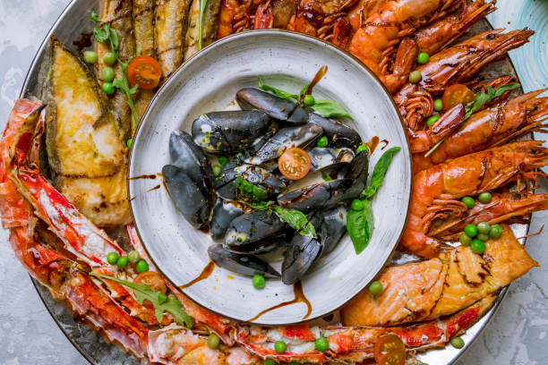 Seafood grilled on plate