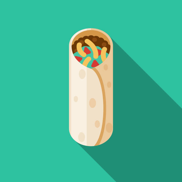Burrito Mexican Food Icon A flat design icon with a long shadow. File is built in the CMYK color space for optimal printing. Color swatches are global so it’s easy to change colors across the document. burrito stock illustrations