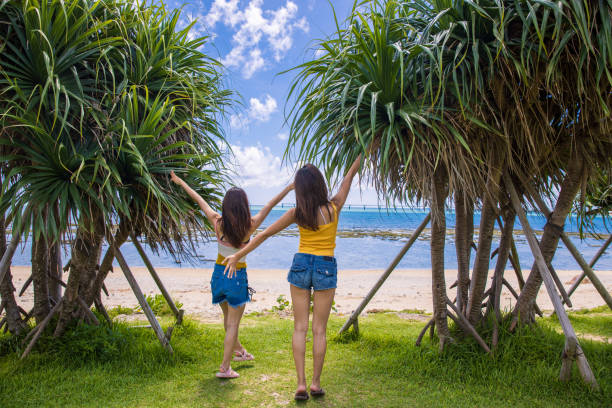 Young women arrived at summer beach