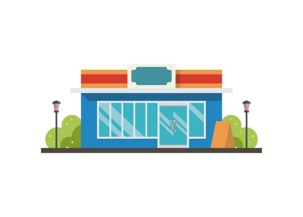 ilustrações de stock, clip art, desenhos animados e ícones de convenience store building. simple flat illustration - fachada loja