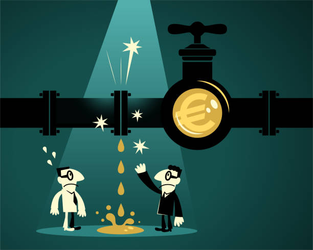 Two businessmen finding leaky pipeline with euro sign tap (European Union Currency) Business Characters Full Length Vector Art Illustration.
Two businessmen finding leaky pipeline with euro sign tap (European Union Currency). faucet leaking pipe water stock illustrations