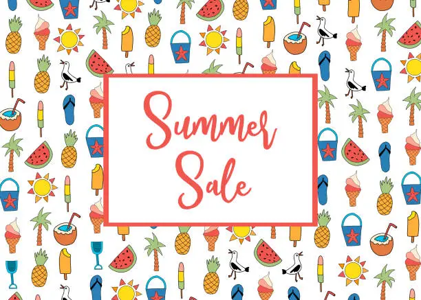 Vector illustration of Summer Sale banner vector with summer icons pattern. Watermelon, popsicle, pineapple, coconut, ice cream cone, palm tree, seagull, flipflop sandal, sunscreen