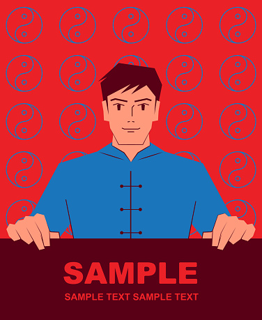 Unique Characters Full Length Vector art illustration.
Smiling handsome wushu man (Tai Chi, Kung Fu, Chinese Martial Arts) holding blank sign.