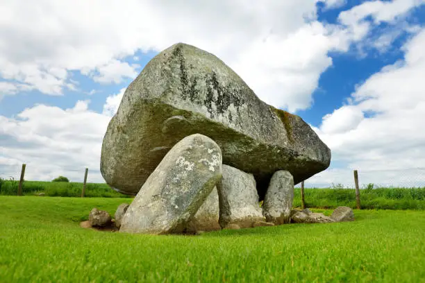 The Brownshill Dolmen, officially known as Kernanstown Cromlech, a magnificent megalithic granite capstone, weighing about 103 tons, located in County Carlow, Ireland.