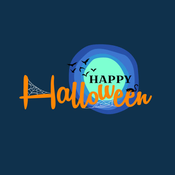 ilustrações, clipart, desenhos animados e ícones de texto feliz do typography de halloween com ornamento do web de aranha e silhueta do bastão do vôo na cena da noite com luz brilhante da lua ilustração do vetor poster fundo projeto. - bat halloween spider web spooky