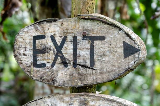 istock Text exit on a wooden board in a rainforest jungle of tropical Bali island, Indonesia. Exit wooden sign inscription in the asian tropics. 1171041840
