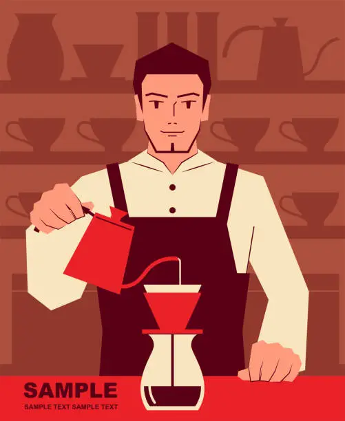 Vector illustration of Smiling handsome barista man in apron with a beard holds a swan neck kettle and pours hot water into a coffee pot