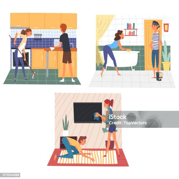 Vợ Chồng Làm Việc Nhà Cùng Nhau Gia Đình Dọn Dẹp Nhà Cửa Vào Cuối Tuần