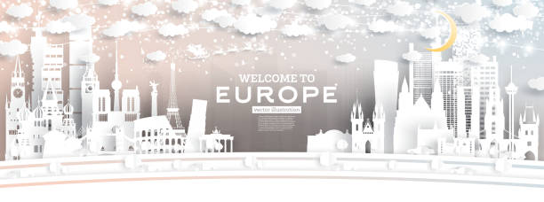 Europe City Skyline in Paper Cut Style with Snowflakes, Moon and Neon Garland. Europe City Skyline in Paper Cut Style with Snowflakes, Moon and Neon Garland. Vector Illustration. Christmas and New Year Concept. Santa Claus on Sleigh. winter wonderland london stock illustrations