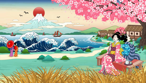 illustrazioni stock, clip art, cartoni animati e icone di tendenza di geisha in stile ukiyo e sotto sakura - kabuki