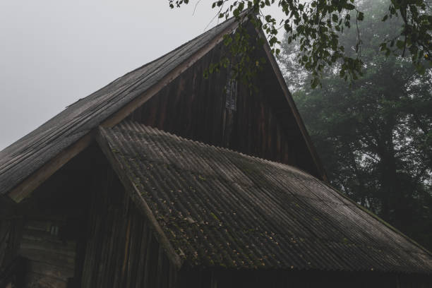 old cabin in the forest, retro vintage photo, old curtains, pitched roof