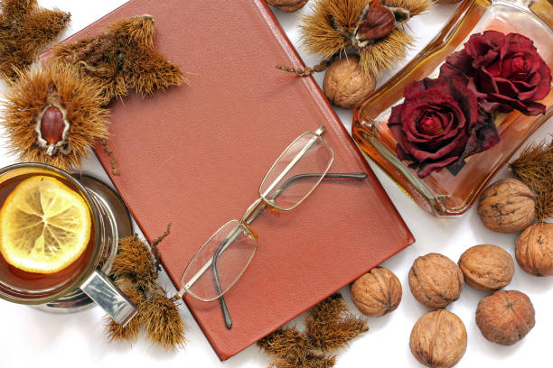 istock Composition. Cognac, a closed book, glasses and chestnuts 1171047951