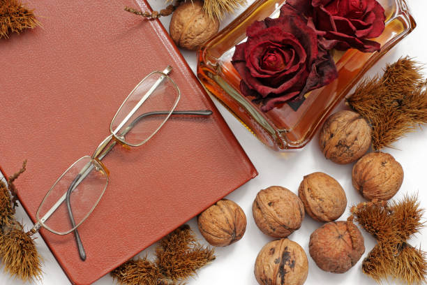 istock Composition. Cognac, a closed book, glasses and chestnuts 1171047971