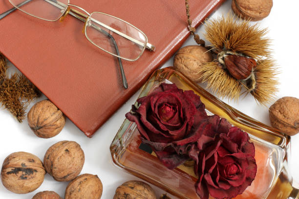 istock Composition. Cognac, a closed book, glasses and chestnuts 1171048012