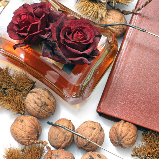 istock Composition. Cognac, a closed book, glasses and chestnuts 1171048106