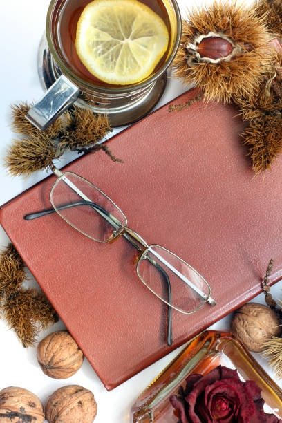 istock Composition. Cognac, a closed book, glasses and chestnuts 1171048188
