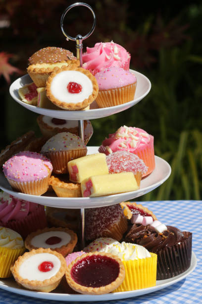 imagen del picnic buffet de té de la tarde de pasteles pastelitos en porcelana blanca soporte de pastel escalonada con tres niveles en mantel azul a cuadros en la fiesta del jardín, tartas de pastel de cereza, magdalenas de chocolate, pastel battenberg c - fondant fancies fotografías e imágenes de stock