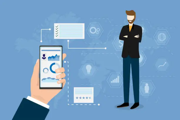Vector illustration of Financial business people performance concept. Smart employee standing and icon on blue background. Giant hand is holding smartphone with big data chart on screen. Vector illustration in flat style.