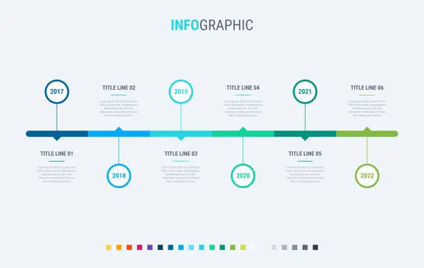 Vector illustration of Abstract business rounded infographic template with 6 options. Colorful diagram, timeline and schedule isolated on light background.