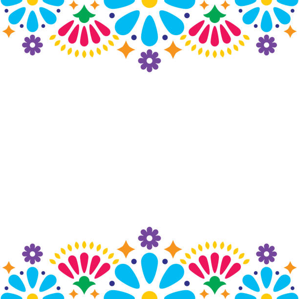 meksykańskie wektor ludowy ślub lub zaproszenie na imprezę, kartka z życzeniami, kolorowy wzór ramki z niebieskimi kwiatami i abstrakcyjnymi kształtami na białym - wedding invitation wedding greeting card heart shape stock illustrations