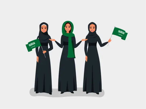 Vector illustration of Happy Saudi women celebrate the Independence Day of the Kingdom of Saudi Arabia