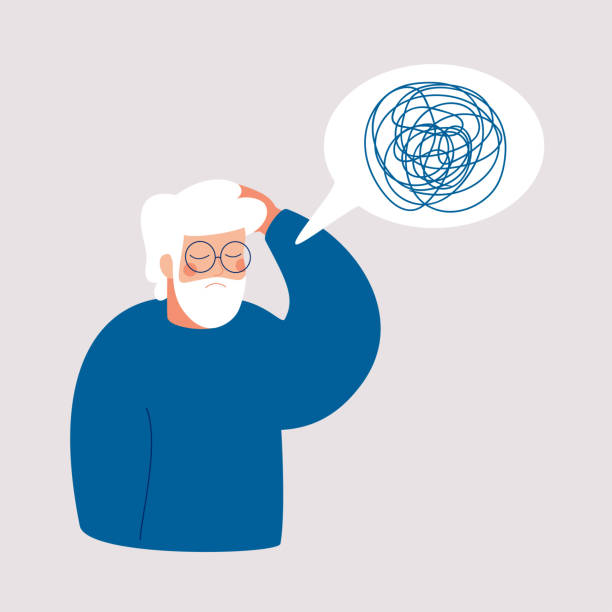 Older man has in depression with bewildered thoughts in her mind. Older man has in depression with bewildered thoughts in her mind. Loss of short-term memory, difficulty concentrating, problems planning and pondering things are symptoms of dementia. mental health illustrations stock illustrations