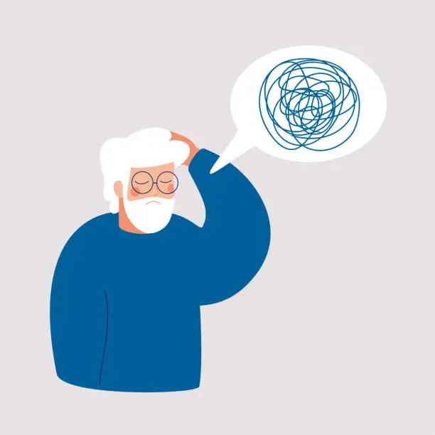 Vector illustration of Older man has in depression with bewildered thoughts in her mind.