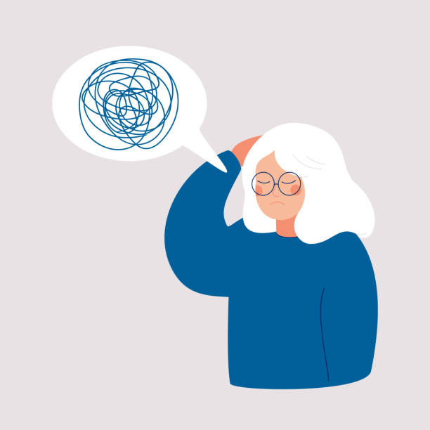 Woman has depression with bewildered thoughts in her mind. Woman has depression with bewildered thoughts in her mind. Loss of short-term memory, difficulty concentrating, problems planning and pondering things are symptoms of dementia. sad old woman stock illustrations