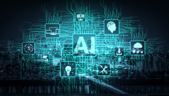AI Learning and Artificial Intelligence Concept - Icon Graphic Interface showing computer, machine thinking and AI Artificial Intelligence of Digital Robotic Devices.