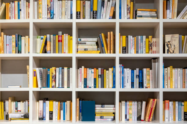 parede simples moderna da prateleira na biblioteca - library book white shelf - fotografias e filmes do acervo