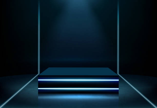 Illuminated neon square podium realistic vector Rectangular performance stage in nightclub, fashion show podium, platform for product presentation illuminated in darkness with searchlight beam and neon light lines 3d realistic vector illustration black glass surface stock illustrations