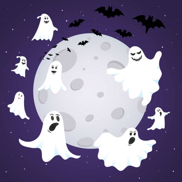 istock Happy Halloween composition with ghost scary face, night sky, moon, flying bats and text happy halloween isolated on dark background flat style design. 1171070465