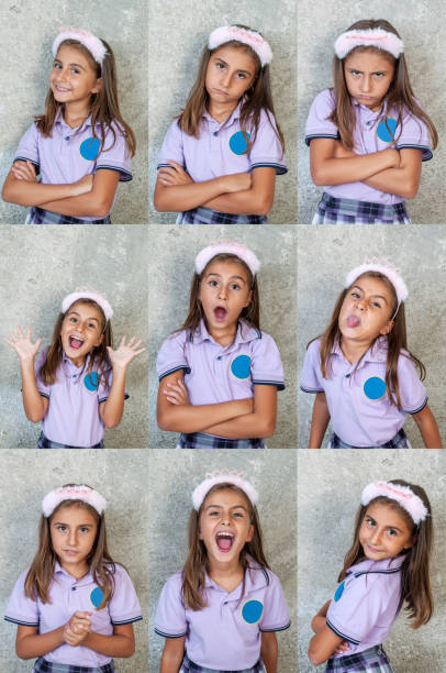 Pretty student making 9 different facial expressions
