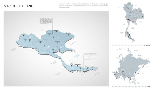 векторный набор таиланда страны.  изометрическая 3d карта, карта таиланда, карта азии - с регионом, названиями штатов и названиями города. - thailand stock illustrations