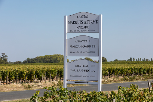 Margaux, France - September 11, 2018: Vineyards signboards  in Margaux, known for producing excellent wines. Bordeaux region, France