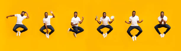 Collage of black guy jumping in air on yellow background Collage of african american guy jumping in air on yellow background, panorama continuity photos stock pictures, royalty-free photos & images