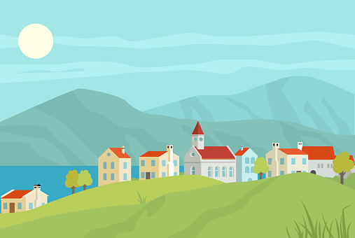 Vector illustration of small charming town by the lake with mountains in the back