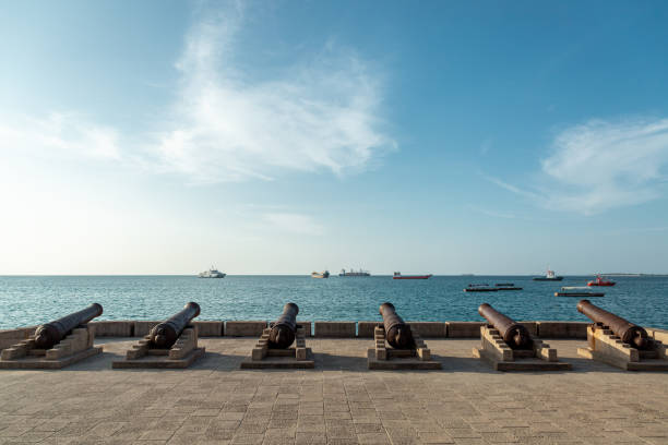 Historical cannons in Stone Town old harbor, Zanzibar island, Tanzania