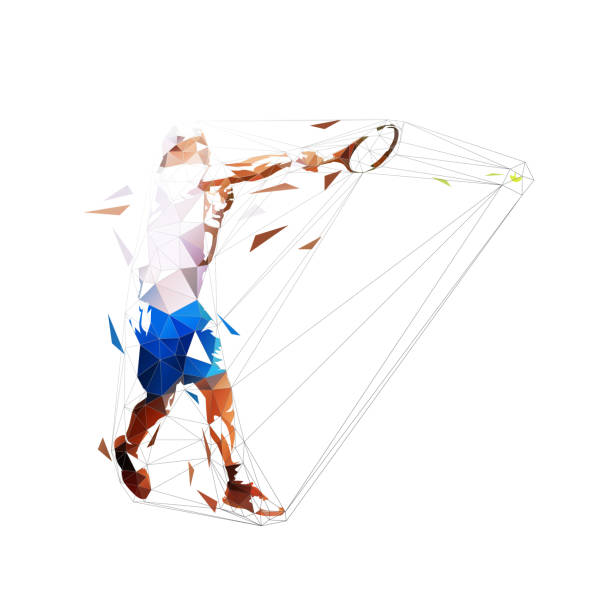 tennisspieler vorhand schuss, isoliert eisern niedrigen polygonalen vektor-illustration. tennis zerschlagen, geometris zeichnung - origami action vector design stock-grafiken, -clipart, -cartoons und -symbole