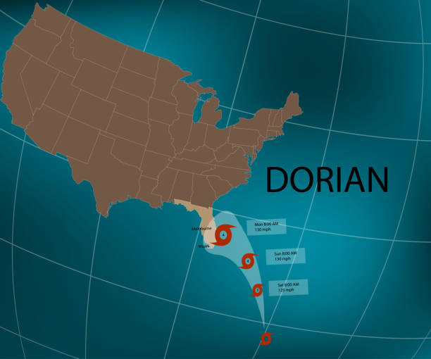 허리케인 도리안. 플로리다의 동부 해안. 세계 지도. 벡터 일러스트레이션 - hurricane florida stock illustrations