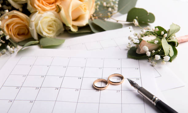 istock Planning wedding with golden rings on date in calendar 1171087207