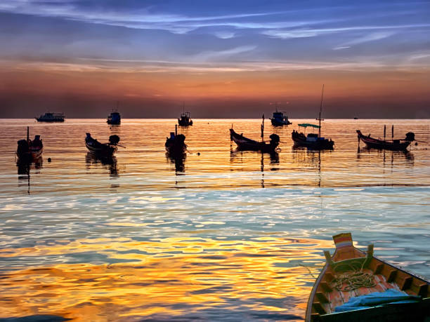 istock Traditional thai boats at sunset beach 1171088302