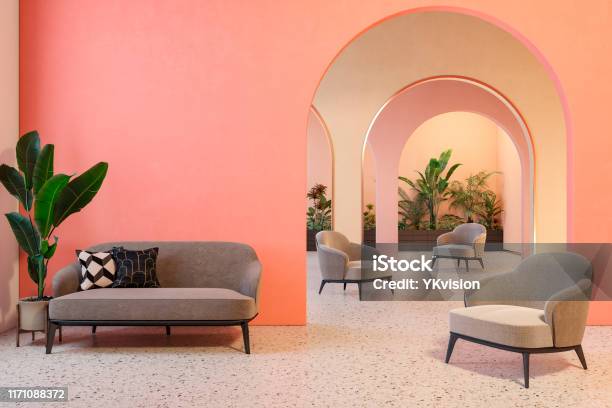 Colorful Interior With Archs Sofa Armchairs Terrazzo Floor And Plants 3d Render Illustration Mock Up Stock Photo - Download Image Now
