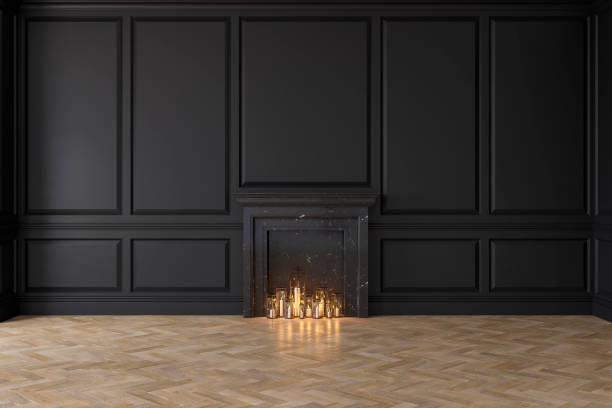 istock Modern classic black interior with fireplace, wall panels, wooden floor. 3d render illustration mock up 1171088867